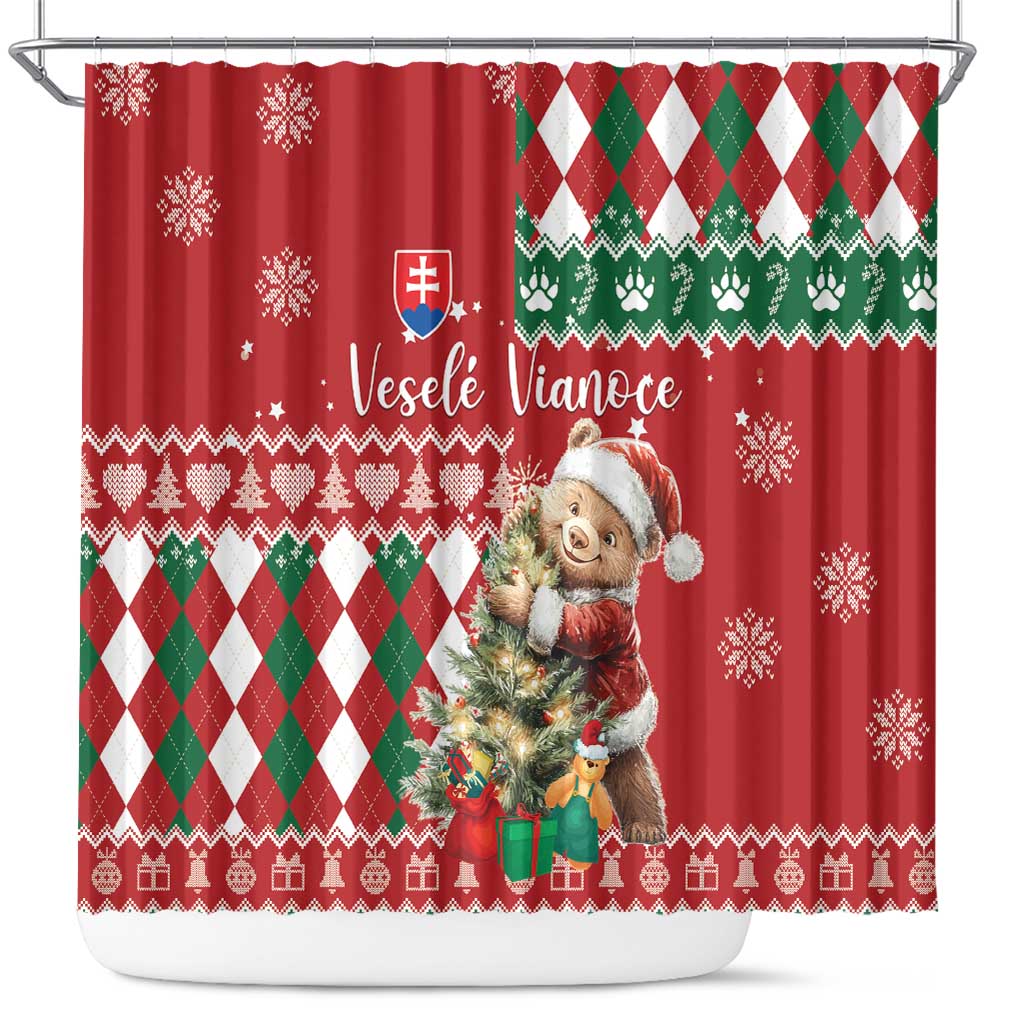 Slovakia Christmas Shower Curtain Brown Bear Mix Argyle Pattern