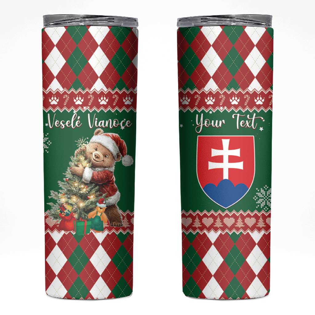 Personalised Slovakia Christmas Skinny Tumbler Brown Bear Mix Argyle Pattern - Wonder Print Shop