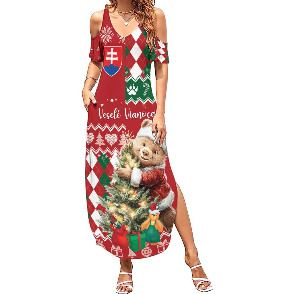 Personalised Slovakia Christmas Summer Maxi Dress Brown Bear Mix Argyle Pattern - Wonder Print Shop