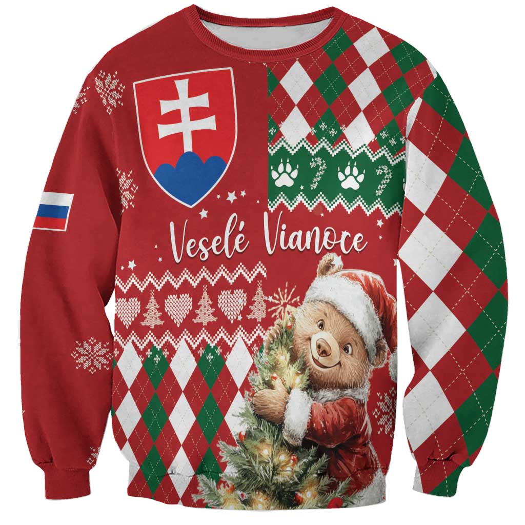 Red Christmas sweatshirt with Slovak crest, bear graphic, argyle pattern, snowflake trim