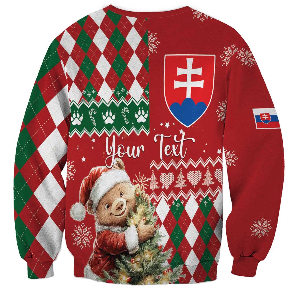 Red Christmas sweatshirt with bear holding tree, crest logo, Your Text, argyle sleeves