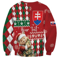 Red Christmas sweatshirt with bear holding tree, crest logo, Your Text, argyle sleeves