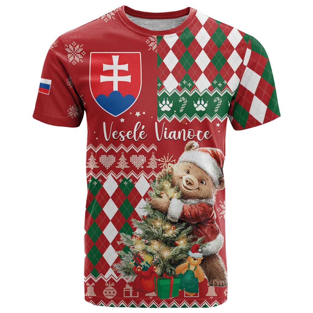 Personalised Slovakia Christmas T Shirt Brown Bear Mix Argyle Pattern - Wonder Print Shop