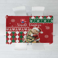 Red Christmas tablecloth with bear scene, argyle and snowflake pattern