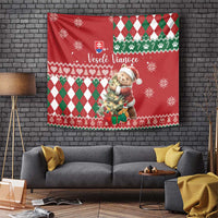 Red Christmas tapestry with bear holding a tree, argyle diamonds and green border patterns