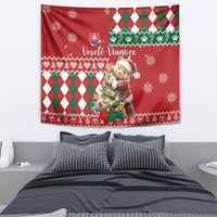 Red holiday tapestry featuring a Santa-style bear, argyle diamonds and snowflake motifs