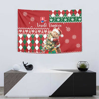 Red Christmas wall tapestry with bear character, green argyle pattern and decorative border