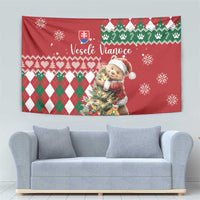 Christmas tapestry with red argyle pattern, snowflakes, and Santa bear design
