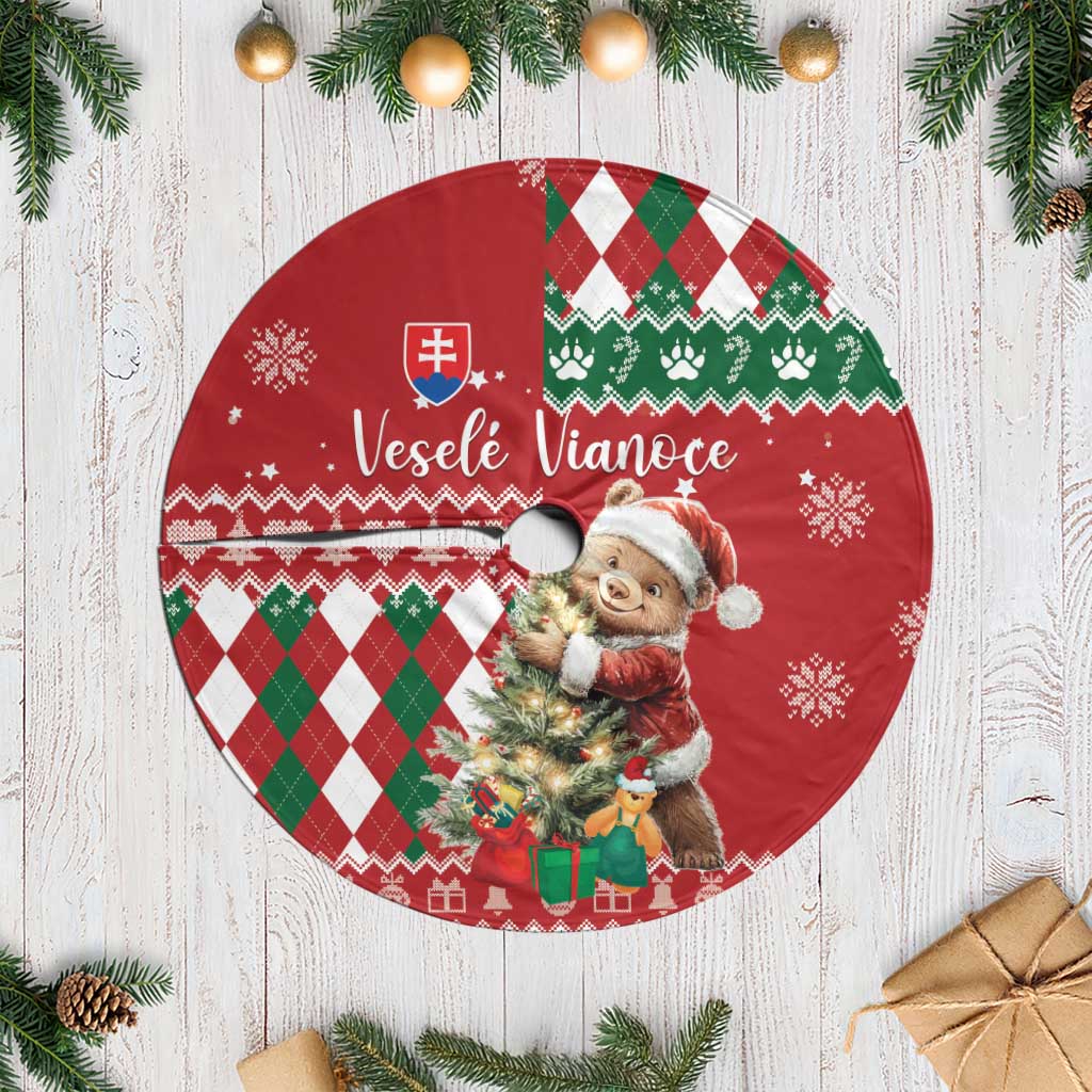 Personalised Slovakia Christmas Tree Skirt Brown Bear Mix Argyle Pattern - Wonder Print Shop