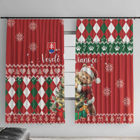 Red Christmas window curtain set with bear panels, green diamond argyle stripe, snowflake border