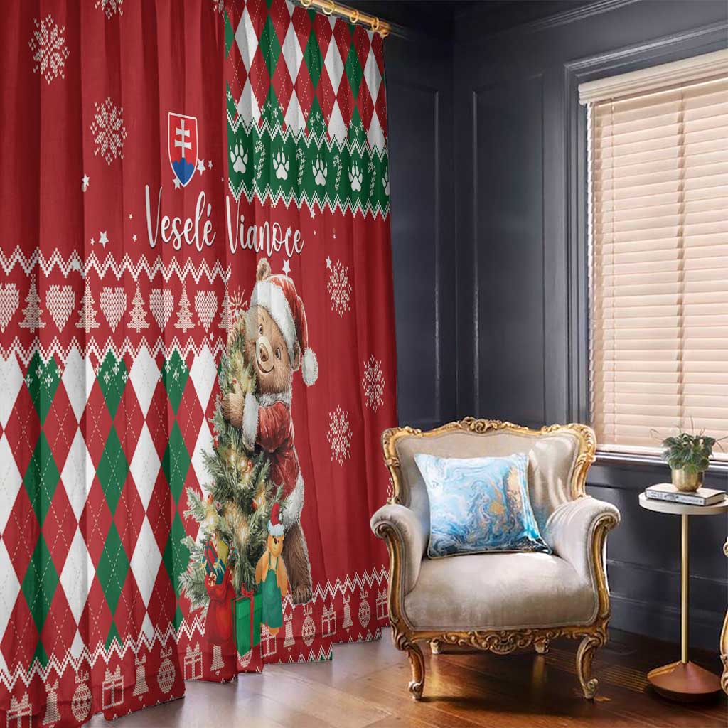 Red Christmas window curtain with bear character, green argyle band, snowflake motifs