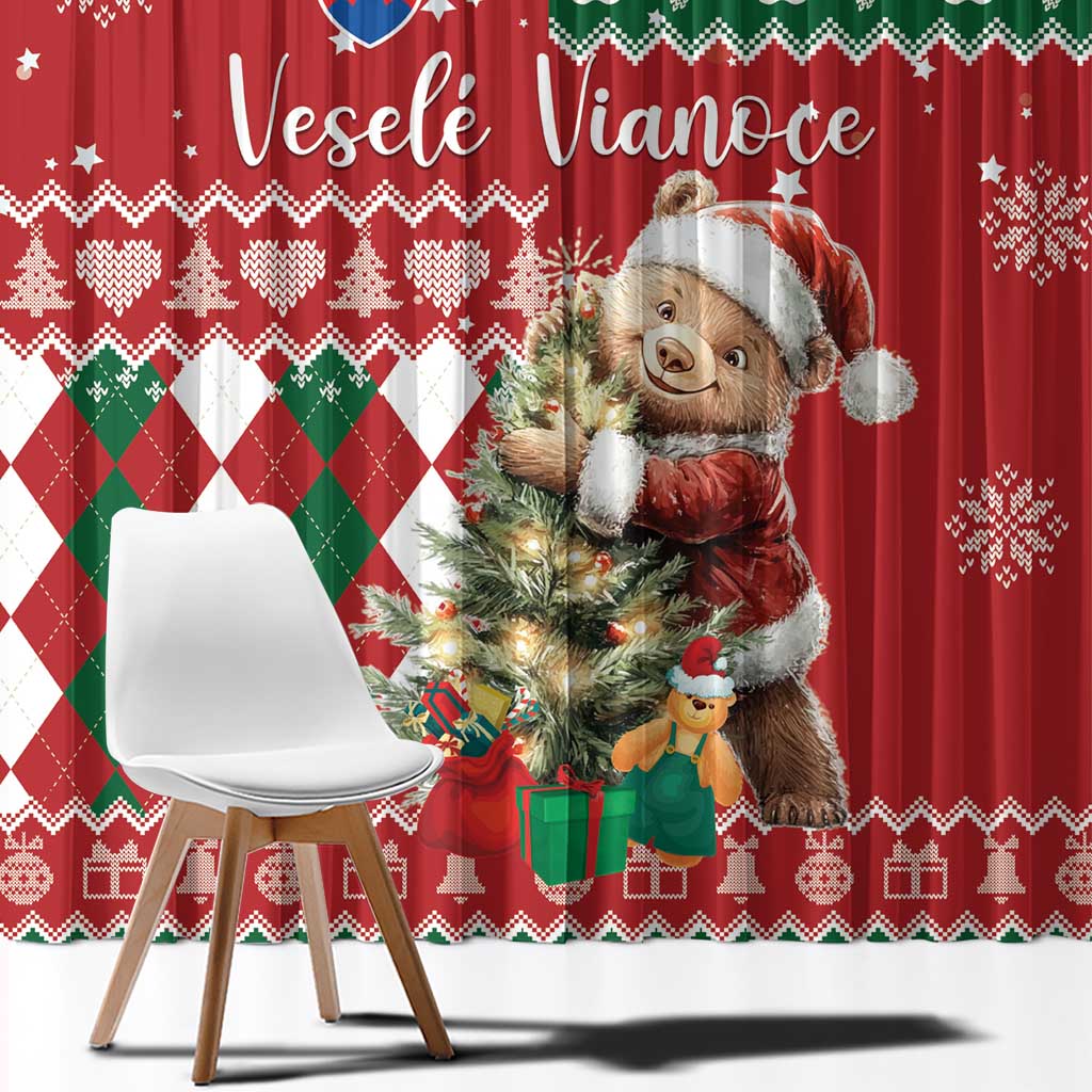 Red Christmas window curtain with bear character and green diamond argyle band, snowflakes