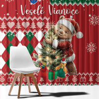 Red Christmas window curtain with bear character and green diamond argyle band, snowflakes