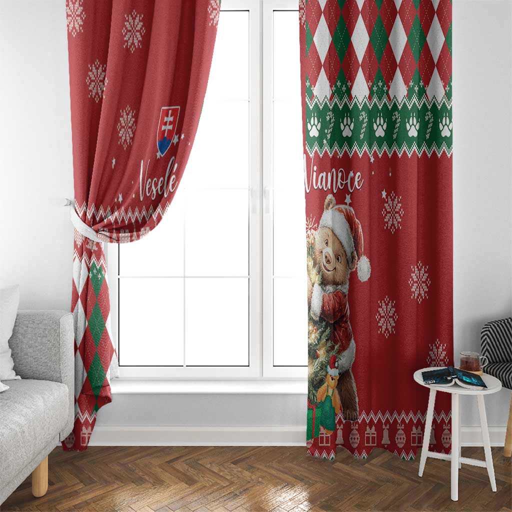Red Christmas window curtain pair with bear print, green diamond argyle trim, snowflakes