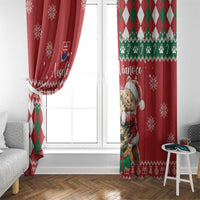 Red Christmas window curtain pair with bear print, green diamond argyle trim, snowflakes