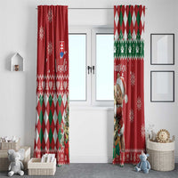 Red Christmas window curtain panels with bear scene and green argyle stripe, snowflake details