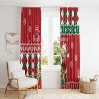 Red Christmas window curtain panels with bear character, green diamond argyle border, snowflakes