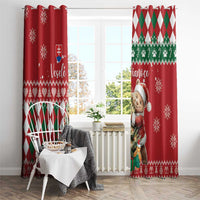 Red Christmas window curtain panels with bear print and green argyle stripe at top, snowflakes