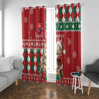 Red Christmas window curtain panels with bear figure, green diamond argyle band, festive icons