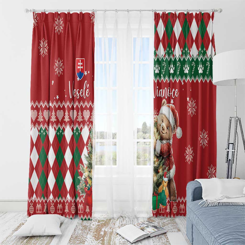 Red Christmas window curtain panels with bear print, green argyle band, snowflakes and houses