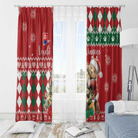 Red Christmas window curtain panels with bear print, green argyle band, snowflakes and houses