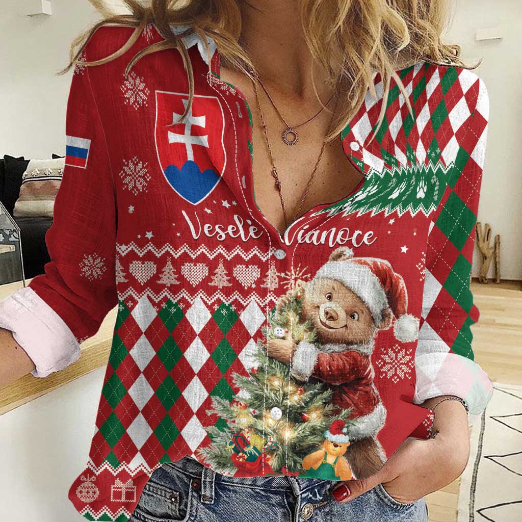 Personalised Slovakia Christmas Women Casual Shirt Brown Bear Mix Argyle Pattern