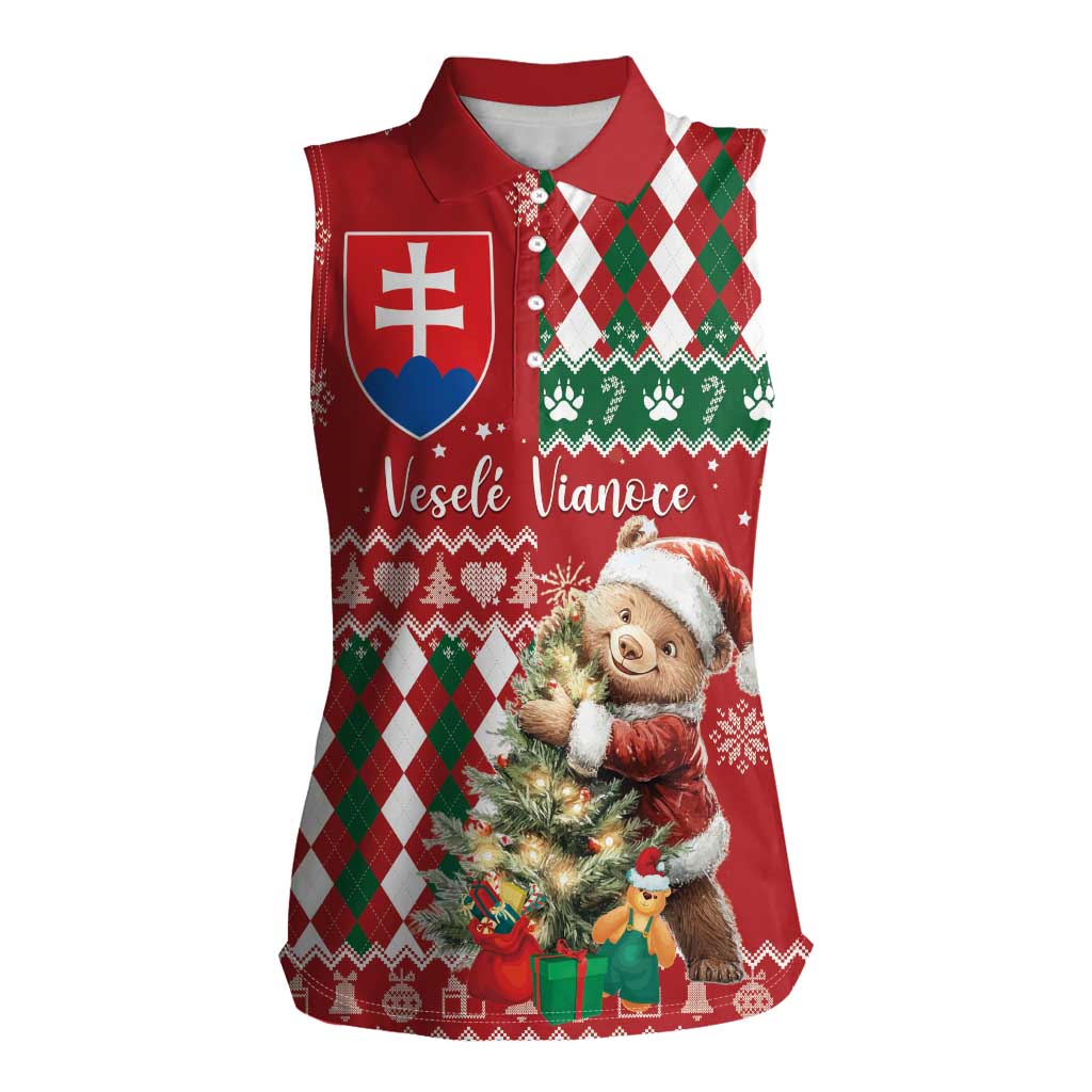 Personalised Slovakia Christmas Women Sleeveless Polo Shirt Brown Bear Mix Argyle Pattern - Wonder Print Shop