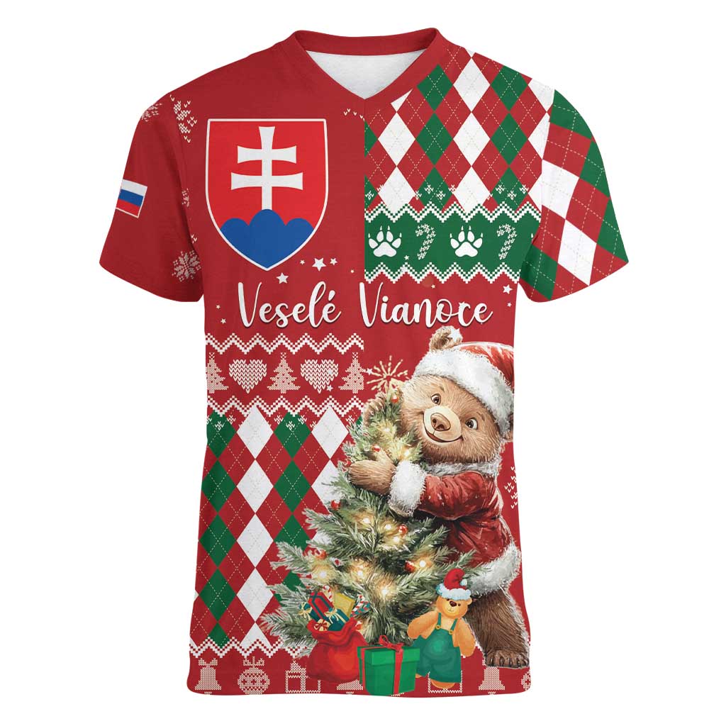 Personalised Slovakia Christmas Women V-Neck T-Shirt Brown Bear Mix Argyle Pattern - Wonder Print Shop