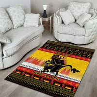 Personalised Christmas area rug with yellow Krampus scene and decorative red trim