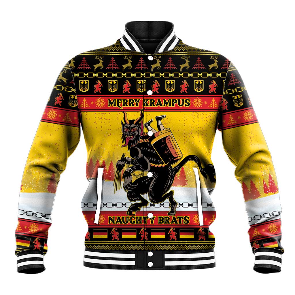 Personalized yellow Christmas baseball jacket with Krampus graphic, 'MERRY KRAMPUS' text