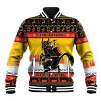 Personalized yellow Christmas baseball jacket with Krampus graphic, 'MERRY KRAMPUS' text