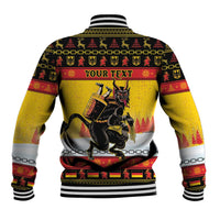 Personalized yellow Christmas baseball jacket, back 'YOUR TEXT' with Krampus graphic