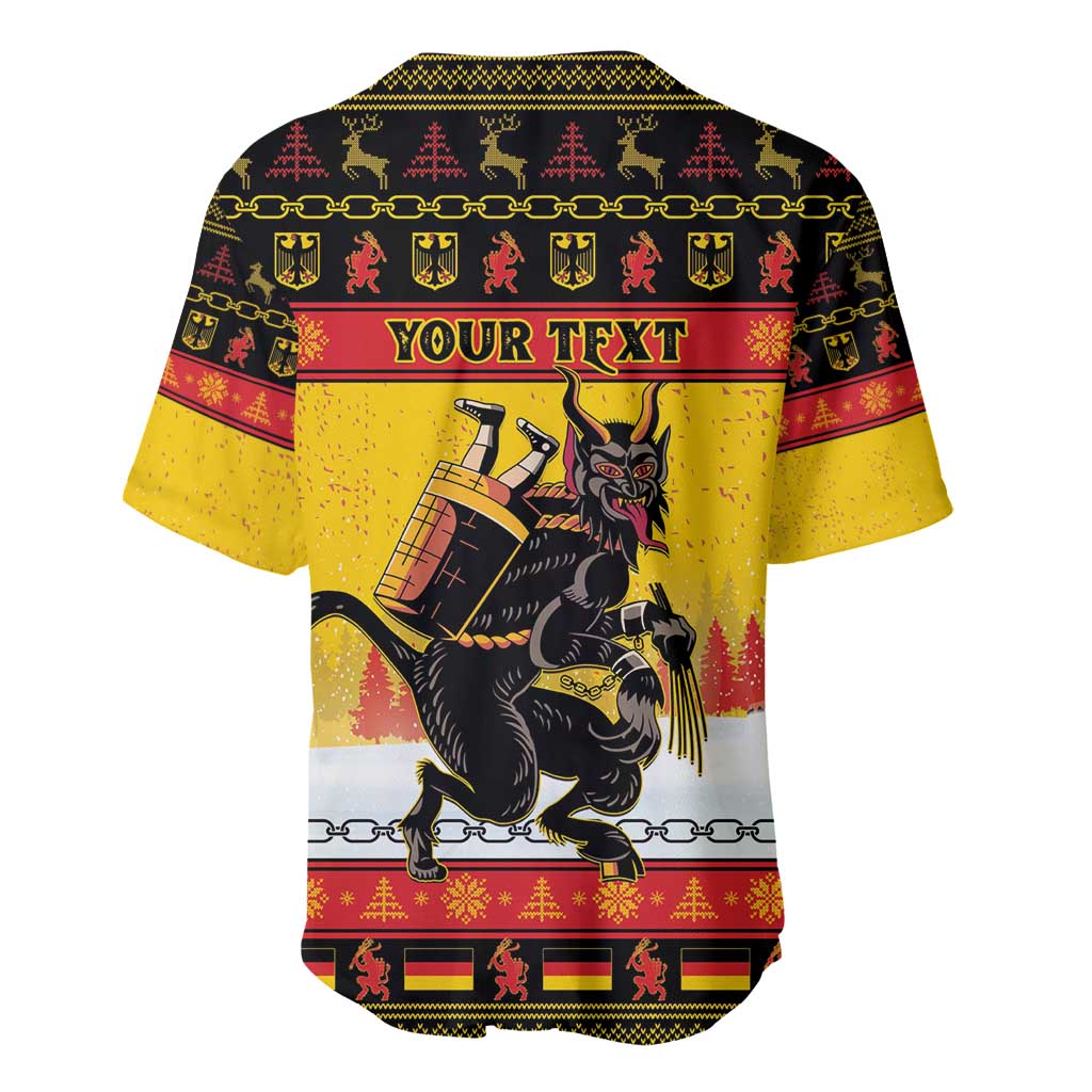 Personalised yellow baseball jersey, v-neck, back Krampus graphic with YOUR TEXT