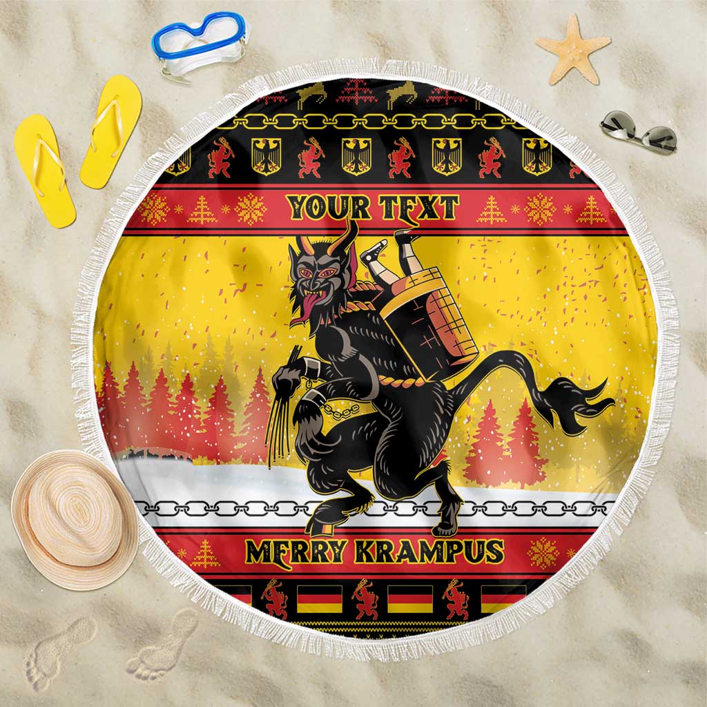 150cm round yellow beach blanket with fringed edge and Krampus 'Merry Krampus' print.