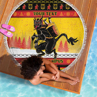150cm round yellow beach blanket with fringed edge, Krampus carrying keg and 'Your Text'.