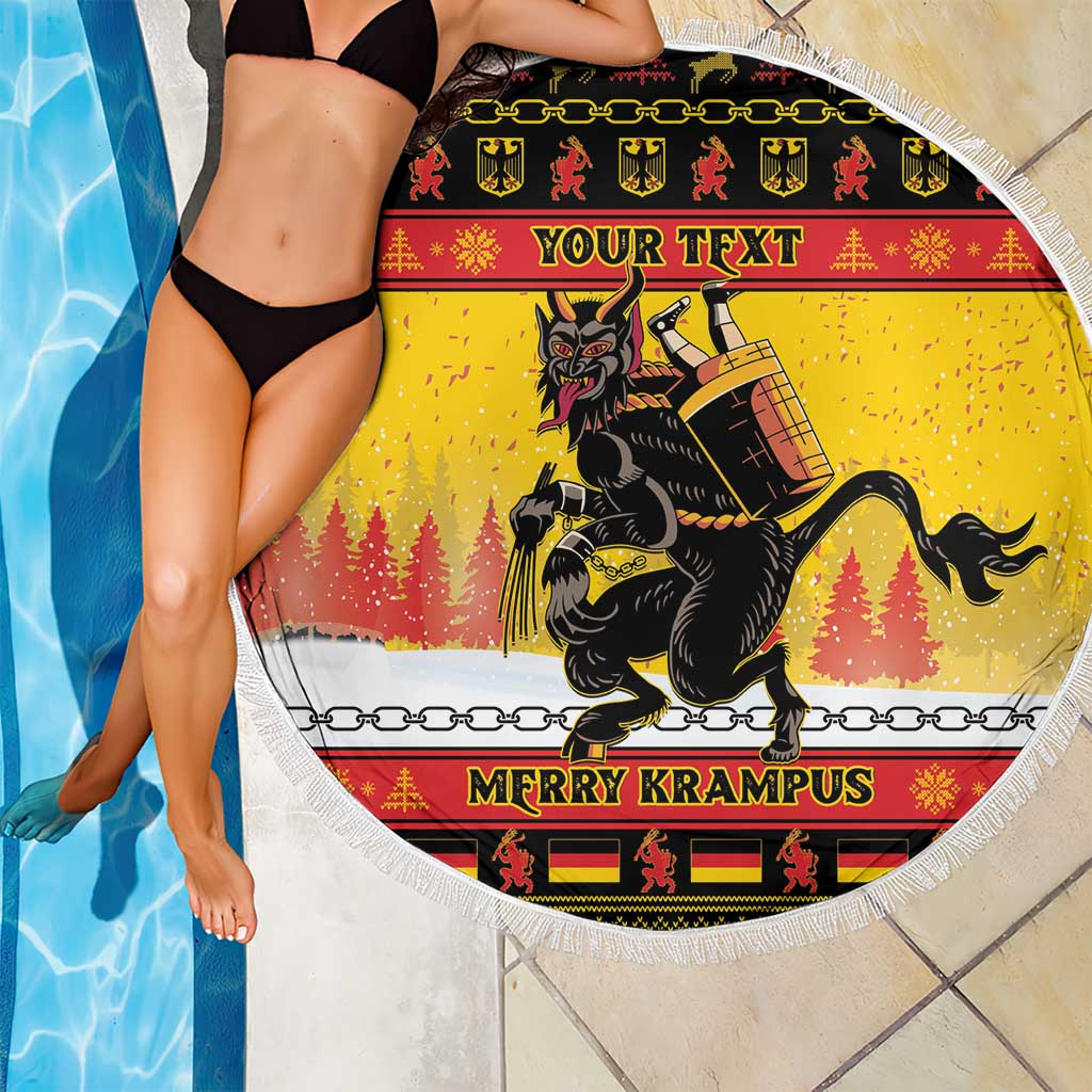 Fringed edge round yellow beach blanket with Krampus graphic and 'Merry Krampus' text.