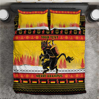 Yellow Krampus Christmas bedding set with 'YOUR TEXT' text and red-black festive border