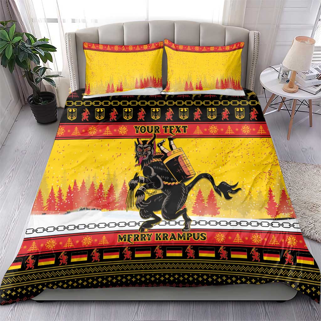 Yellow Krampus Christmas bedding set with 'YOUR TEXT' and red-black trim; 2 pillow shams