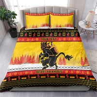 Yellow Krampus Christmas bedding set with 'YOUR TEXT' and red-black trim; 2 pillow shams