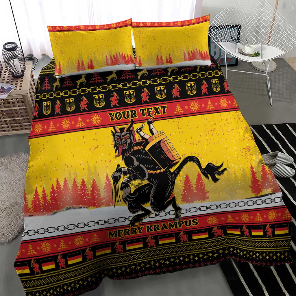Yellow duvet cover with Krampus figure, 'YOUR TEXT', and 'MERRY KRAMPUS' band