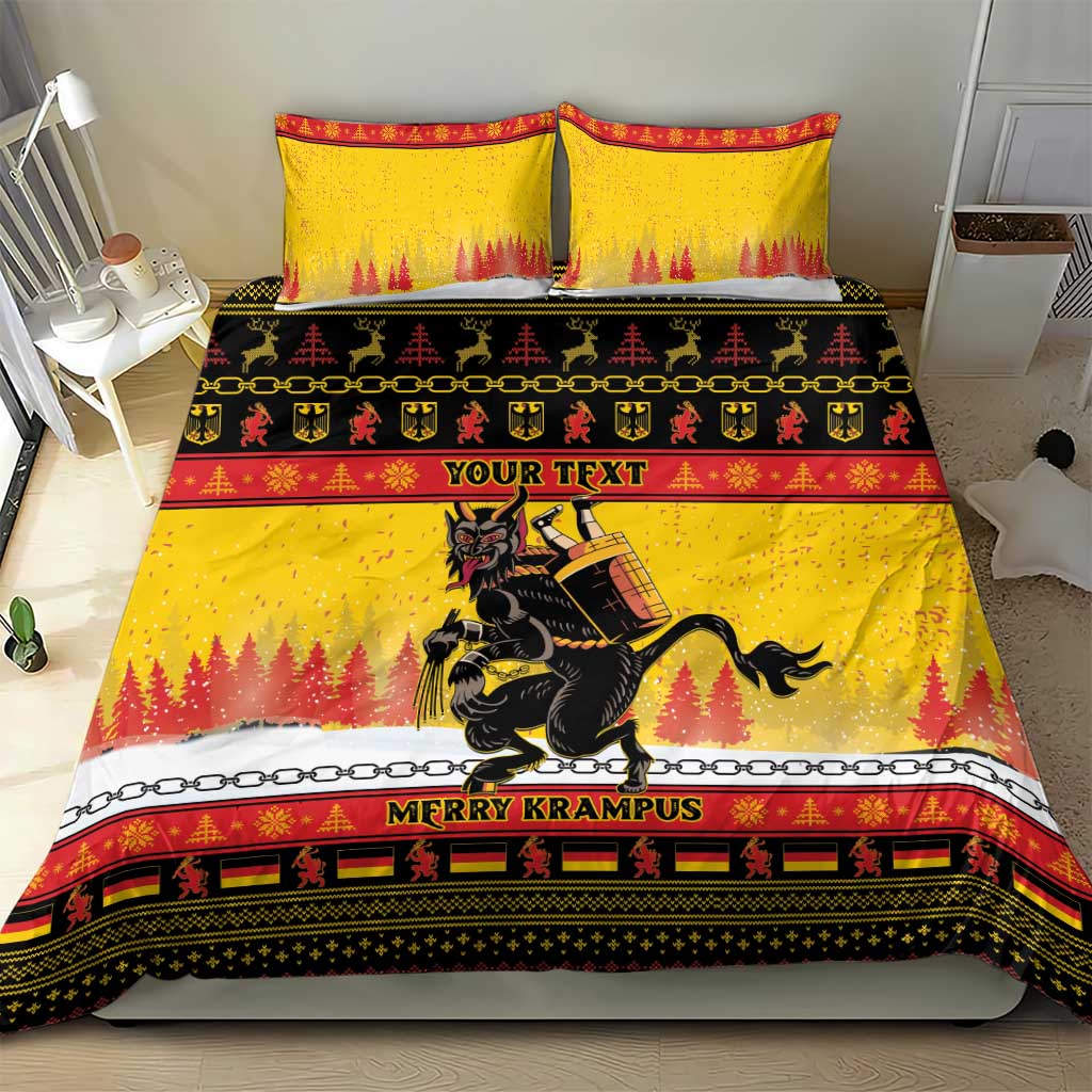 Yellow Krampus Christmas bedding set with Krampus rider, 'YOUR TEXT', and 2 pillow shams