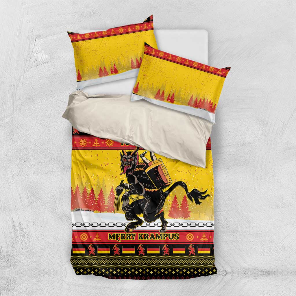 Yellow Krampus Christmas bedding set with 'MERRY KRAMPUS' duvet and matching pillowcases