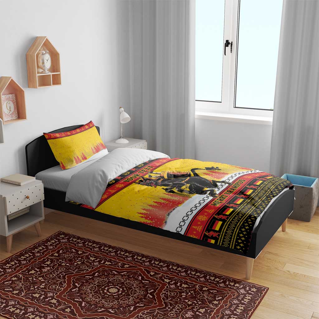 Yellow Krampus Christmas bedding set with 'YOUR TEXT' and red pine border; duvet and pillows