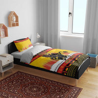 Yellow Krampus Christmas bedding set with 'YOUR TEXT' and red pine border; duvet and pillows