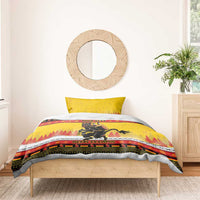 Yellow Krampus Christmas bedding set with 'YOUR TEXT' and 'MERRY KRAMPUS' stripe