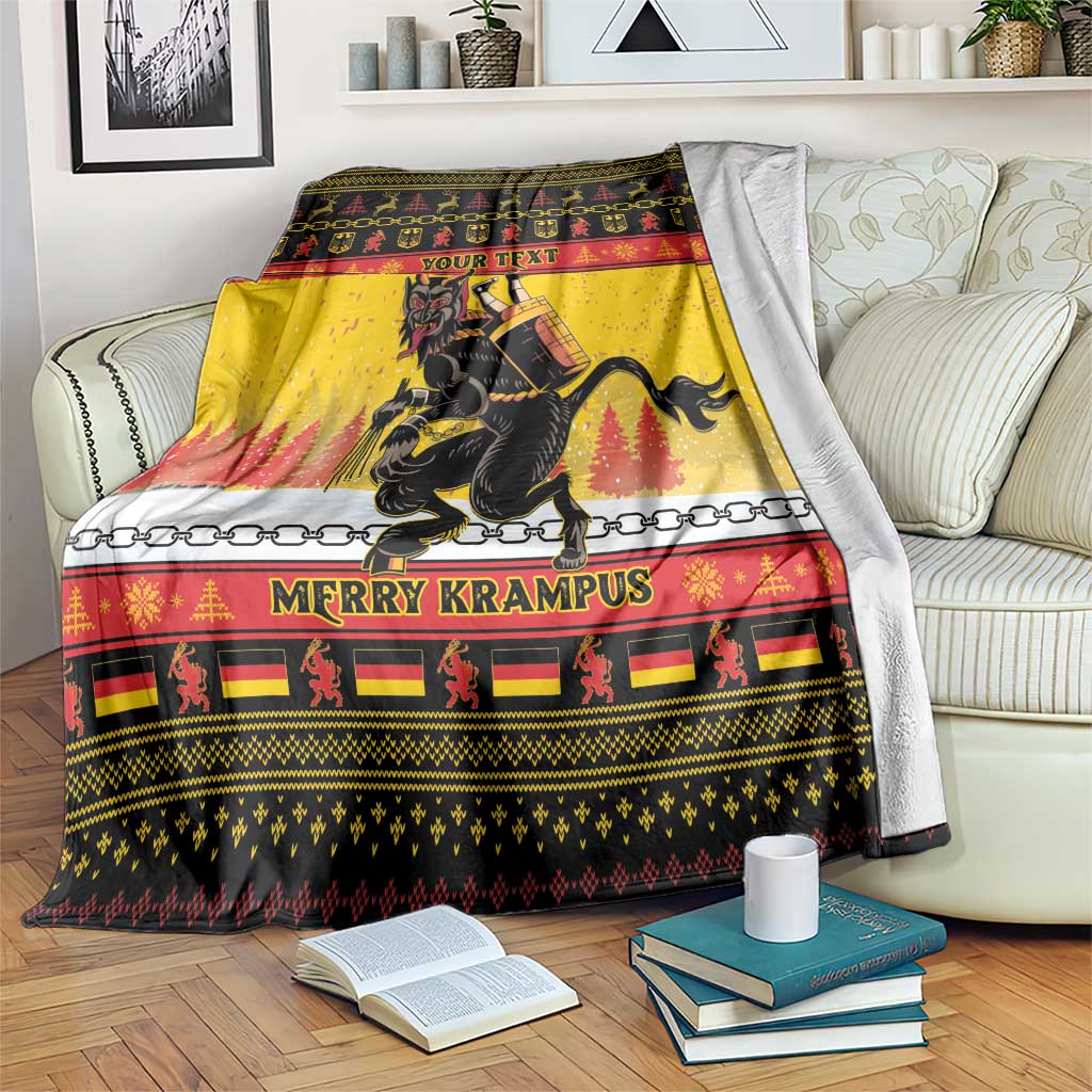 Yellow Christmas blanket with Krampus graphic and red black patterned border, 'YOUR TEXT'