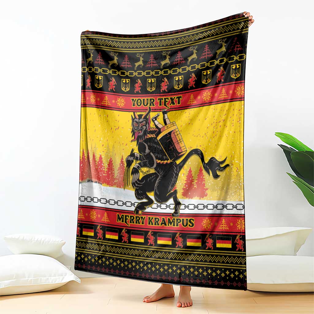 Yellow throw blanket with Krampus rider graphic, chain stripe and 'MERRY KRAMPUS' band