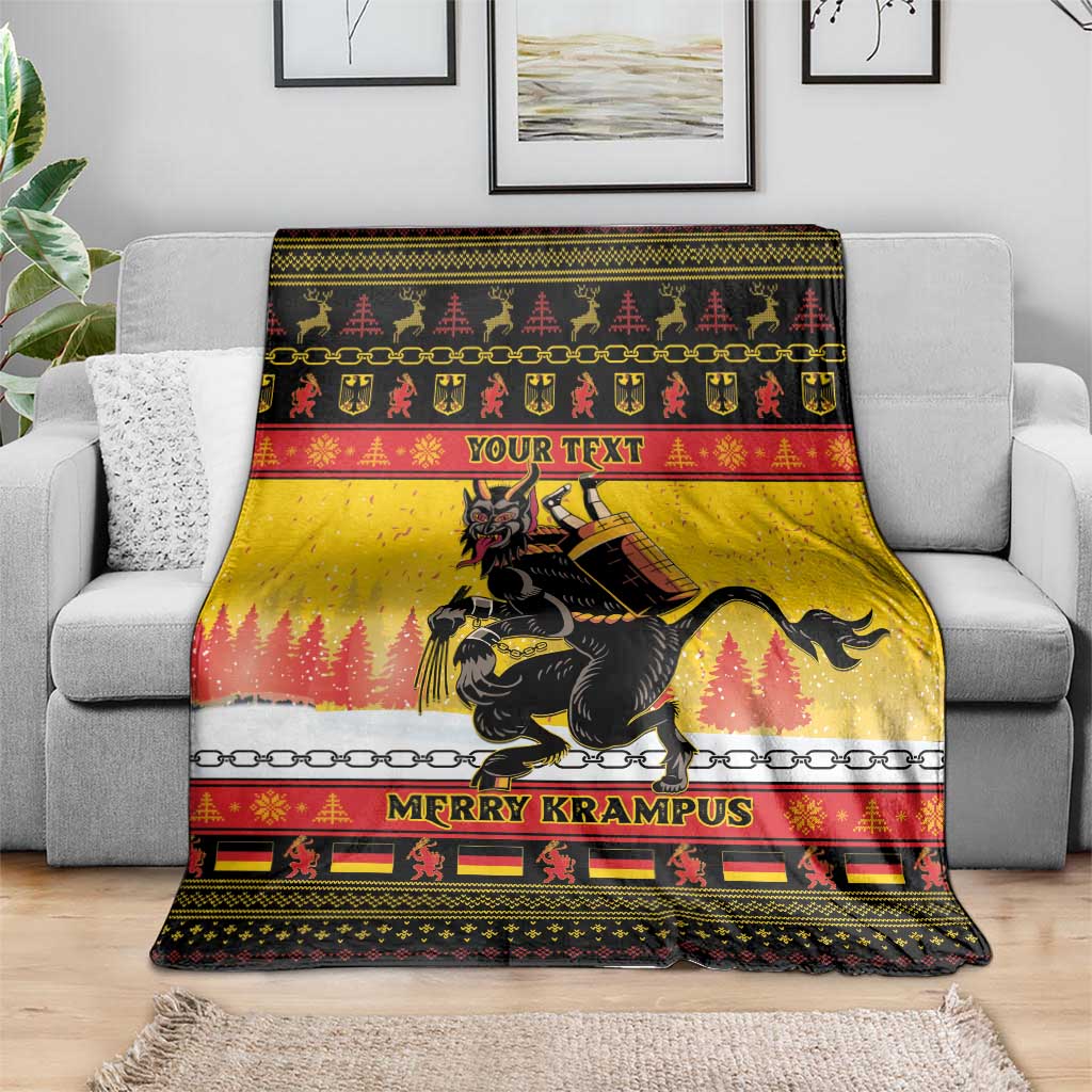 Yellow Krampus Christmas blanket with chain stripe, 'YOUR TEXT' and 'MERRY KRAMPUS'