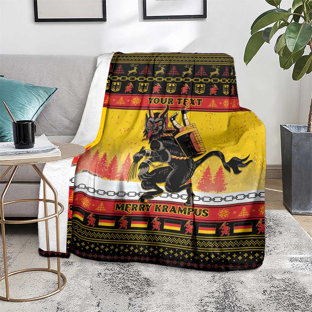 Yellow Christmas blanket throw with Krampus artwork and 'MERRY KRAMPUS' text band