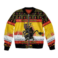 Unisex yellow bomber jacket with festive Krampus graphic, zip front, ribbed black collar
